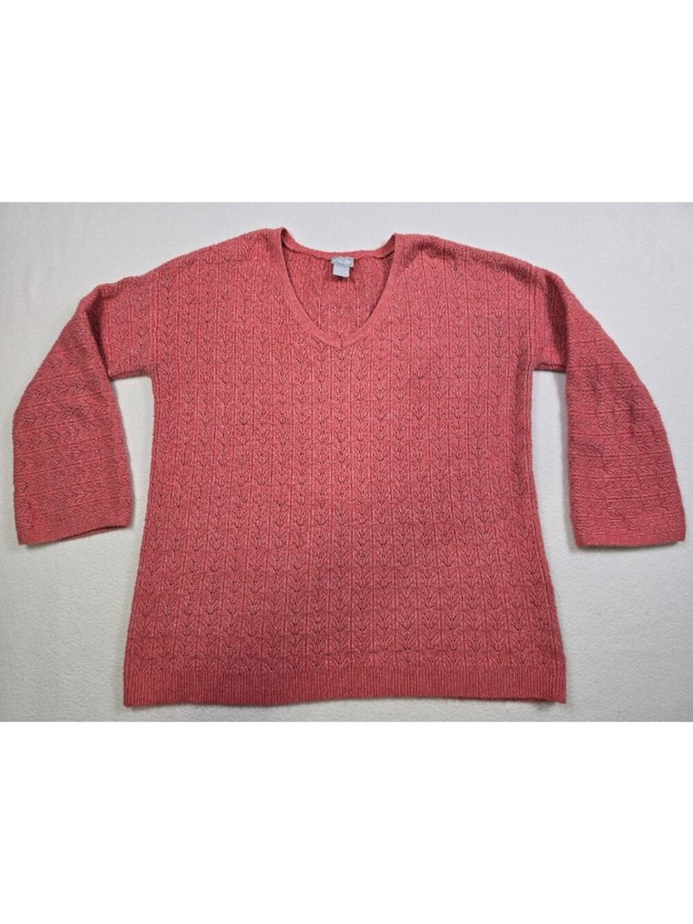 Chicos Size 2 Large Knit Sweater V-Neck Coral Pink